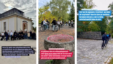 Bild 2.1 (Gebäude mit Gruppe): "Eine weiße Kapelle mit roten Dachziegeln und verziertem Eingang steht vor bewölktem Himmel. Eine Gruppe von etwa 20 Personen verschiedener Altersgruppen posiert davor. Untertitel verweist auf ein Stadtendeckerprojekt mit der Eisenhüttenstadt."  Bild 2.2 (Radfahrer und Baumstamm): "Mehrere Personen fahren Fahrrad auf einem Waldweg mit Herbstlaub. Im Vordergrund ist ein großer Baumstamm mit rotem Zielkreis-Muster sichtbar. Untertitel erwähnt eine Outskirt-Radtour mit der Wohnungsgenossenschaft."  Bild 2.3 (Gedenkort): "Ein graues Gedenkmonument steht unter Bäumen. Eine Person fährt mit dem Fahrrad vorbei. Ein blauer Text-Overlay mit Anführungszeichen ist sichtbar."