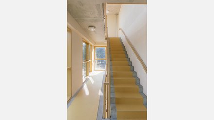 Innenaufnahme Treppenhaus: Gerader Treppenlauf nach oben mit beidseitigen Handläufen, gelbem Belag und grauen seitlichen Kanten; große Fenster belichten den breiten Flur mit Tageslicht.