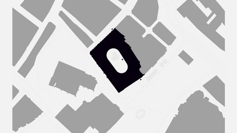 Schwarz-weiße schematische Karte mit mehreren Gebäuden und einem ovalen Stadion in der Mitte