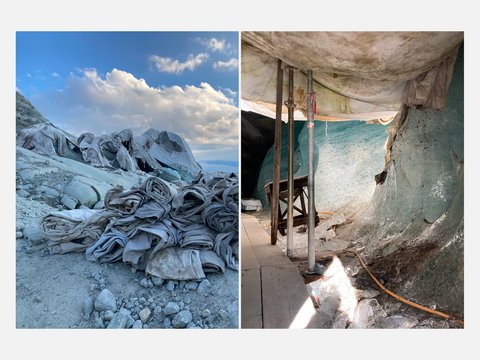 Links: Eine alpine Gletscherlandschaft unter blauem Himmel mit weißen Schutzplanen über dem Eis; im Vordergrund liegt ein großer Stapel aufgerollter, schmutziger Abdeckplanen auf Steinen. Rechts:Das Innere einer Eishöhle mit blau schimmernden Eiswänden, die von Metallstützen und Holzträgern stabilisiert werden; am Boden liegen Eisbrocken und ein orangefarbenes Kabel.