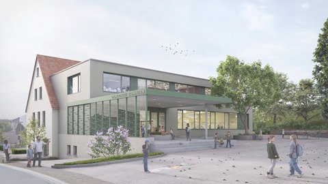 Moderner Schulgebäudekomplex mit Glasfassade, überdachtem Eingangsbereich und mehreren Personen auf dem Vorplatz