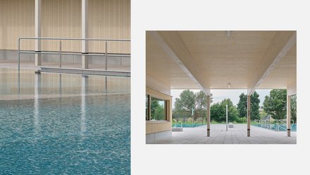 Linkes Bild: "Nahaufnahme des türkisblauem Poolwassers mit sichtbaren Oberflächenstrukturen. Darüber horizontale Metallgeländer-Rohre und Spiegelungen der beigen Gebäudewand mit weißen Betonstützen."  Rechtes Bild: "Großzügiger, offener Hallenbadbereich mit heller Holzdecke und vier weiße Betonstützen. Breite verglaste Öffnung mit Blick auf Außenpool, grüne Bäume und Metallgeländer. Heller, strukturierter Betonboden. Modernes minimalistisches Raumkonzept."