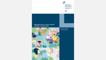 Illustration mit Menschen, Tieren und Natur, die vielfältige Nutzungen des öffentlichen Raums zeigt.