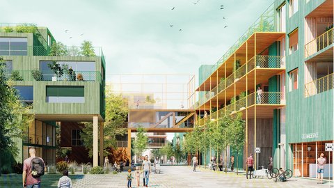Illustration eines grünen Wohn- und Arbeitsquartiers mit Fußwegen, Balkonen und Brücken.