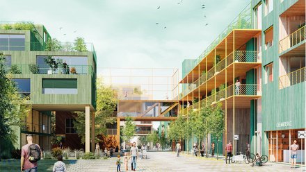 Illustration eines grünen Wohn- und Arbeitsquartiers mit Fußwegen, Balkonen und Brücken.