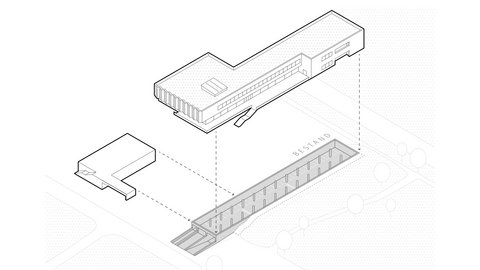Schwarz-weiße isometrische Linienzeichnung eines Gebäudekomplexes mit einem abgehobenen, länglichen Hauptbau und zwei kleineren Baukörpern