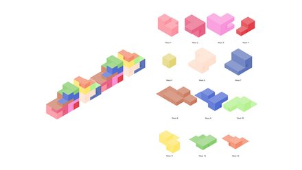 Farbige Volumenfolge (Isometrie) Alt: Isometrische Darstellung einer farbigen, gestaffelten Häuserkette aus Quadern auf weißem Grund.