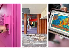 Bild 9.1 (Pinke Tür): "Eine leuchtend pinke Tür mit strukturierter Oberfläche. Eine Hand mit Schlüssel öffnet sie. Links ist das Muster eines Baumes auf der Oberfläche geprägt sichtbar."  Bild 9.2 (Verfallenes Gebäude): "Innenansicht eines leerstehenden Gebäudes mit Holztürahmen und beschädigtem Boden. Ein Besucher steht in der Ferne. Aufnahme in Farbe mit rötlichem Licht."  Bild 9.3 (Illustration auf Tablet): "Nahaufnahme einer bunten Illustration auf einem Tablet-Bildschirm. Die Grafik zeigt 'Eisenhüttenstadt' in farbenfrohem Design mit Menschen, Häusern und Ornamenten in Orange, Blau und Grün."