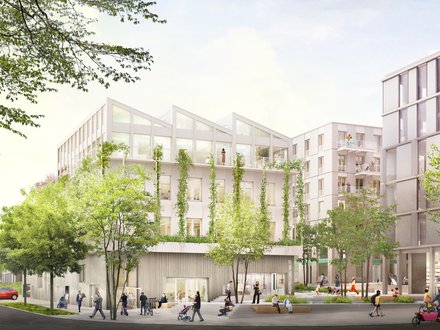 Visualisierung eines hellen Stadtquartiers mit begrünten Fassaden, mehreren Gebäuden und Menschen im öffentlichen Raum.