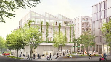 Visualisierung eines hellen Stadtquartiers mit begrünten Fassaden, mehreren Gebäuden und Menschen im öffentlichen Raum.