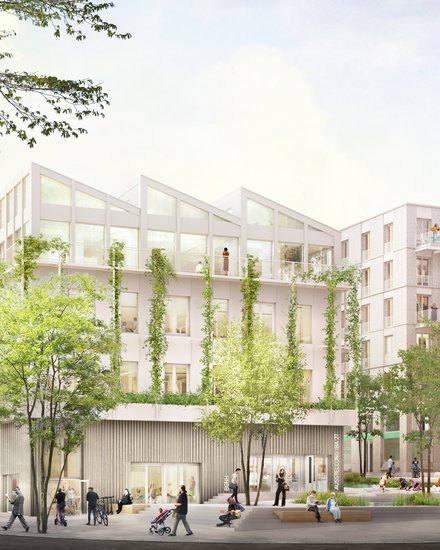 Visualisierung eines hellen Stadtquartiers mit begrünten Fassaden, mehreren Gebäuden und Menschen im öffentlichen Raum.