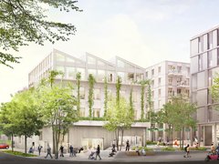 Visualisierung eines hellen Stadtquartiers mit begrünten Fassaden, mehreren Gebäuden und Menschen im öffentlichen Raum.