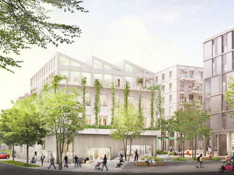 Visualisierung eines hellen Stadtquartiers mit begrünten Fassaden, mehreren Gebäuden und Menschen im öffentlichen Raum.