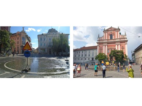 Zwei Aufnahmen eines belebten Stadtplatzes mit historischen Gebäuden, auf dem eine kreisförmige Wassersprühanlage auf dem Pflaster für Abkühlung sorgt.
