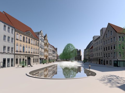 Architekturvisualisierung eines historischen Platzes mit rechteckigem,  flachem Wasserbecken, das alle umgebenden Gebäude perfekt spiegelt.  Im Hintergrund die weiße Kirche mit grüner Kuppel und orange  Ziegeldächern. Mehrstöckige Alt-Gebäude links und rechts in  verschiedenen Erdtönen. Grüne Kletterpflanzen an den Häusern.