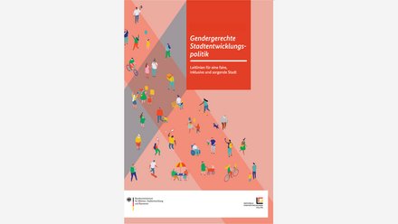 Das Bild zeigt das Titelblatt einer Publikation mit grafisch dargestellten Menschen in unterschiedlichen Alltagssituationen wie Gehen, Spielen, Radfahren oder Ausruhen. Der Titel lautet „Gendergerechte Stadtentwicklungspolitik – Leitlinien für eine faire, inklusive und sorgende Stadt“. Zweck des Bildes ist es, politische Leitlinien für eine inklusive Stadtentwicklung zu präsentieren und visuell zu betonen, dass Städte für unterschiedliche Menschen und Lebenslagen gestaltet werden sollen.