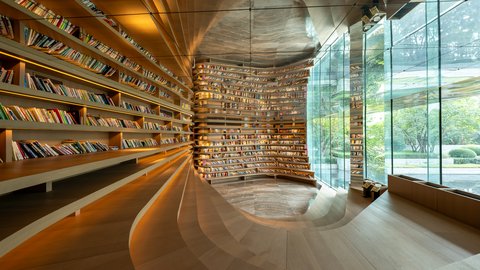Moderne Bibliothek mit geschwungenen Holzregalen und langen Reihen voller Bücher. Rechts öffnen hohe Glaswände den Blick in einen grünen Garten. Warmes Licht betont die fließende Architektur und die ruhige, offene Raumwirkung.