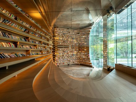 Moderne Bibliothek mit geschwungenen Holzregalen und langen Reihen voller Bücher. Rechts öffnen hohe Glaswände den Blick in einen grünen Garten. Warmes Licht betont die fließende Architektur und die ruhige, offene Raumwirkung.