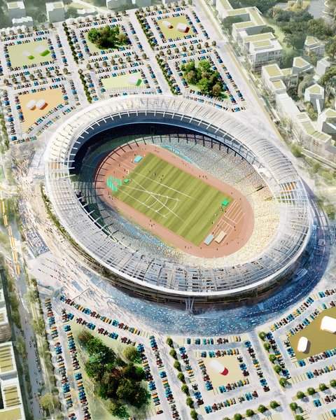 Vogelperspektive auf ein großes, offenes, ovales Stadion mit einer grünen Rasenfläche und einer roten Laufbahn im Zentrum. Das Stadion ist von einem großen Parkplatzgelände im Norden und Westen umgeben, auf dem viele bunte Autos parken. Östlich und südlich erstreckt sich eine parkähnliche Anlage mit Bäumen und modernen, terrassierten Wohngebäuden, die teilweise begrünte Dächer aufweisen.