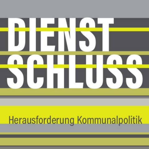 Buchcover mit dem Titel „Dienstschluss“ von Uwe Schneidewind in Grau-Gelb mit typografischem Streifendesign.