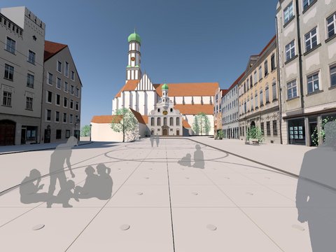 Architekturvisualisierung eines historischen Marktplatzes mit  gepflasterten Flächen und Schatten von Personen im Vordergrund.  Im Zentrum eine weiße Kirche mit grüner Kuppel und orange  Ziegeldächern, umgeben von mehrstöckigen Altstadt-Gebäuden  in Grau-, Beige- und Ockertönen. Klarer blauer Himmel.