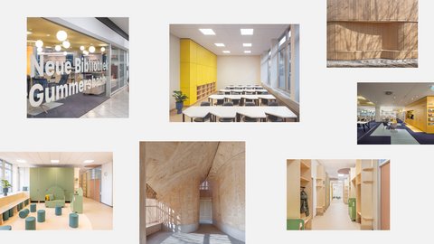 „Collage aus sieben Architekturaufnahmen auf weißem Hintergrund. Sie zeigt den Eingang und Innenräume der Neuen Bibliothek Gummersbach mit Glasfront, gelben Schränken, Bücherregalen und Sitzbereichen sowie Räume einer Kindereinrichtung mit hellen Holzeinbauten, grünen Möbeln und einem Flur mit Garderobenfächern. Ergänzt wird die Collage durch Detailaufnahmen einer Holzfassade und eines geschwungenen Holzinnenraums.“