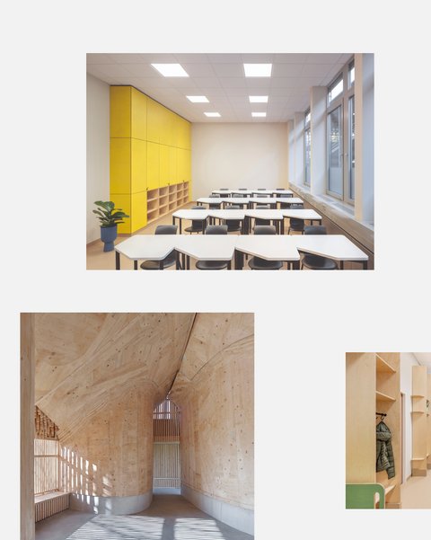 „Collage aus sieben Architekturaufnahmen auf weißem Hintergrund. Sie zeigt den Eingang und Innenräume der Neuen Bibliothek Gummersbach mit Glasfront, gelben Schränken, Bücherregalen und Sitzbereichen sowie Räume einer Kindereinrichtung mit hellen Holzeinbauten, grünen Möbeln und einem Flur mit Garderobenfächern. Ergänzt wird die Collage durch Detailaufnahmen einer Holzfassade und eines geschwungenen Holzinnenraums.“