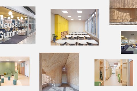 „Collage aus sieben Architekturaufnahmen auf weißem Hintergrund. Sie zeigt den Eingang und Innenräume der Neuen Bibliothek Gummersbach mit Glasfront, gelben Schränken, Bücherregalen und Sitzbereichen sowie Räume einer Kindereinrichtung mit hellen Holzeinbauten, grünen Möbeln und einem Flur mit Garderobenfächern. Ergänzt wird die Collage durch Detailaufnahmen einer Holzfassade und eines geschwungenen Holzinnenraums.“