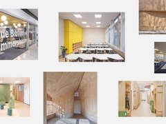 „Collage aus sieben Architekturaufnahmen auf weißem Hintergrund. Sie zeigt den Eingang und Innenräume der Neuen Bibliothek Gummersbach mit Glasfront, gelben Schränken, Bücherregalen und Sitzbereichen sowie Räume einer Kindereinrichtung mit hellen Holzeinbauten, grünen Möbeln und einem Flur mit Garderobenfächern. Ergänzt wird die Collage durch Detailaufnahmen einer Holzfassade und eines geschwungenen Holzinnenraums.“