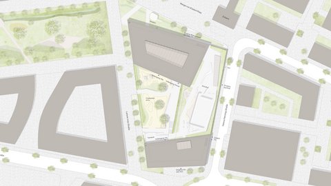Lageplan mit Gebäuden, Straßen, Grünflächen und Wegen in einer städtischen Umgebung