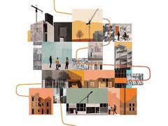 Das Bild zeigt das Titelblatt einer Publikation der Architektenkammer Berlin. In der Mitte ist eine collageartige Darstellung aus verschiedenen Architektur- und Stadtszenen zu sehen: Gebäude, Baustellen, Menschen im öffentlichen Raum und architektonische Details sind übereinander gestapelt. Eine orangefarbene Linie verläuft durch die Collage und verbindet die einzelnen Bildelemente miteinander, was an einen Kreislauf oder Prozess erinnert. Der Titel „A wie zirkulär – Ein Leitfaden zum Planen und Bauen im Kreislauf“ ist im unteren Bereich platziert, ergänzt durch ein großes rotes „A“ als grafisches Element. Zweck des Bildes ist es, den Leitfaden visuell als Einstieg in das Thema zirkuläres Planen und Bauen zu präsentieren und die Vielschichtigkeit des Bauprozesses im Kreislauf zu verdeutlichen.