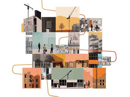 Das Bild zeigt das Titelblatt einer Publikation der Architektenkammer Berlin. In der Mitte ist eine collageartige Darstellung aus verschiedenen Architektur- und Stadtszenen zu sehen: Gebäude, Baustellen, Menschen im öffentlichen Raum und architektonische Details sind übereinander gestapelt. Eine orangefarbene Linie verläuft durch die Collage und verbindet die einzelnen Bildelemente miteinander, was an einen Kreislauf oder Prozess erinnert. Der Titel „A wie zirkulär – Ein Leitfaden zum Planen und Bauen im Kreislauf“ ist im unteren Bereich platziert, ergänzt durch ein großes rotes „A“ als grafisches Element. Zweck des Bildes ist es, den Leitfaden visuell als Einstieg in das Thema zirkuläres Planen und Bauen zu präsentieren und die Vielschichtigkeit des Bauprozesses im Kreislauf zu verdeutlichen.