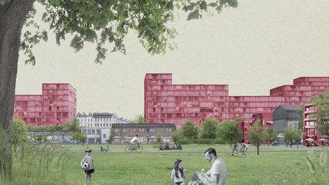 Visualisierung eines Stadtparks: Darstellung von Menschen beim Picknick und Sport auf einer großen Wiese vor Wohngebäuden.