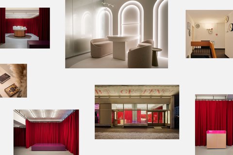 "Neun Fotografien einer modernen Ausstellungsreihe. Das Designkonzept kombiniert intensive rote Samtvorhänge mit minimalistischen, hell erleuchteten Räumen in Beige und Weiß. Zu sehen sind verschiedene Installationen mit Vitrinen, Neon-Leuchten, Sesseln, Uhren-Wandinstallationen und einer Glasfassaden-Ladenfront. Die Ausstellung arbeitet mit dramatischen Farbkontrasten zwischen Rot, Grau und hellen Neutraltönen."