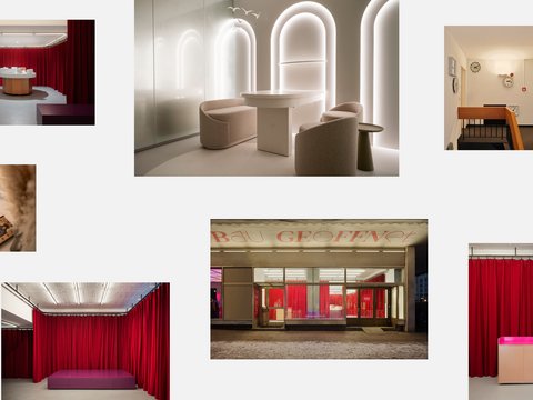 "Neun Fotografien einer modernen Ausstellungsreihe. Das Designkonzept kombiniert intensive rote Samtvorhänge mit minimalistischen, hell erleuchteten Räumen in Beige und Weiß. Zu sehen sind verschiedene Installationen mit Vitrinen, Neon-Leuchten, Sesseln, Uhren-Wandinstallationen und einer Glasfassaden-Ladenfront. Die Ausstellung arbeitet mit dramatischen Farbkontrasten zwischen Rot, Grau und hellen Neutraltönen."