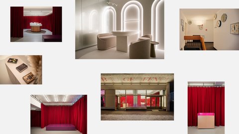 "Neun Fotografien einer modernen Ausstellungsreihe. Das Designkonzept kombiniert intensive rote Samtvorhänge mit minimalistischen, hell erleuchteten Räumen in Beige und Weiß. Zu sehen sind verschiedene Installationen mit Vitrinen, Neon-Leuchten, Sesseln, Uhren-Wandinstallationen und einer Glasfassaden-Ladenfront. Die Ausstellung arbeitet mit dramatischen Farbkontrasten zwischen Rot, Grau und hellen Neutraltönen."