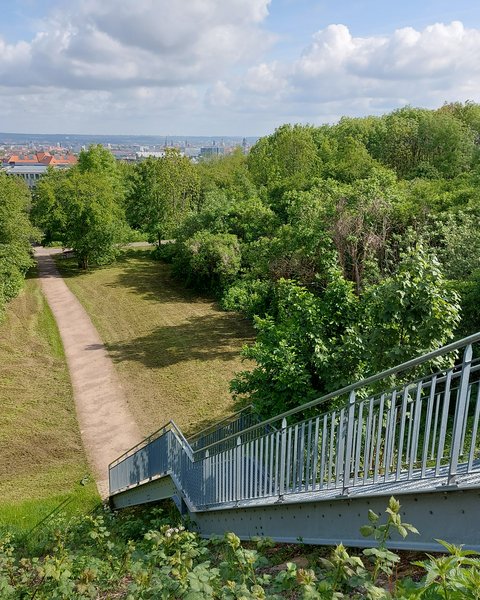 „Blick von einer Metalltreppe auf einen grünen Parkhang. Ein schmaler, geschwungener Fußweg führt zwischen Bäumen und Sträuchern hinab in Richtung Stadt. Im Hintergrund sind Dächer und Kirchtürme unter einem wolkigen blauen Himmel zu sehen.“