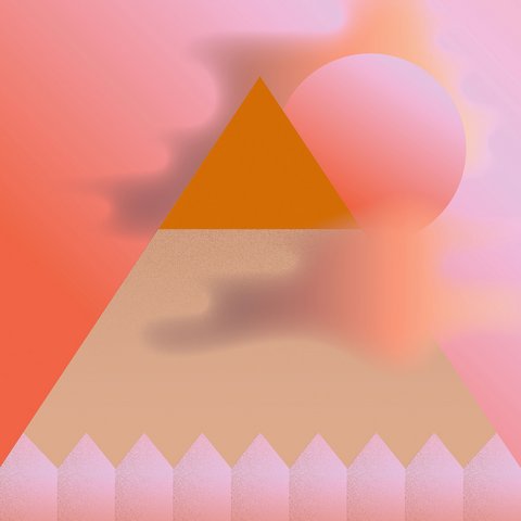 "Abstrakte Komposition aus einer orangefarbenen Pyramide und einem rosa Kreis vor einem Farbverlauf-Hintergrund in Korall- und Rosatönen. Unterhalb der Formen eine Reihe von neun hellrosa Häuschen. Warme, pastellige Farbpalette."