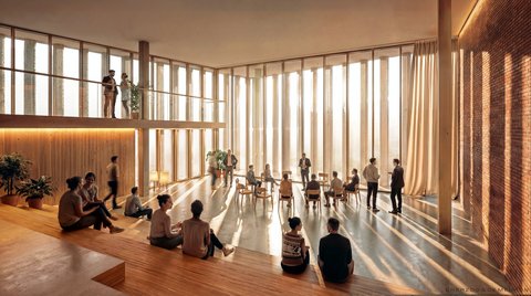 Innenraum‑Rendering eines hohen Veranstaltungsraums: helle, sonnendurchflutete Halle mit großflächigen Vertikalfenstern, sichtbaren Holzsäulen, Backsteinwand rechts und gestaffelten Holzbänken links; Gruppen von Menschen sitzen, stehen und sprechen in informeller Workshop‑Atmosphäre.