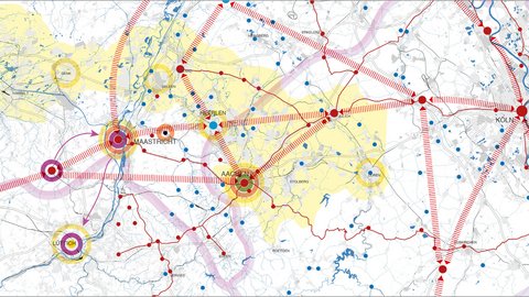 Eine Strukturkarte zeigt die Kernregion um Maastricht und Aachen. Gelbe Flächen markieren zusammenhängende Siedlungsräume, während rote, gestreifte Verbindungslinien die wichtigsten Verkehrs- und Entwicklungsachsen zwischen den Städten darstellen. Blaue Punkte stehen für regionale Knotenpunkte, und Städte wie Köln und Lüttich sind mit großen, farbigen Kreisen als Metropolen hervorgehoben.