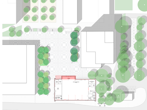 „Städtebaulicher Lageplan des Platzes mit eingezeichneten Baumkronen, Fußgängerzonen, Parkplätzen und dem Grundriss eines Bibliotheksgebäudes.“