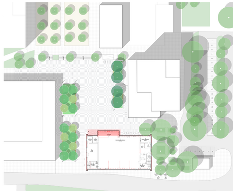 „Städtebaulicher Lageplan des Platzes mit eingezeichneten Baumkronen, Fußgängerzonen, Parkplätzen und dem Grundriss eines Bibliotheksgebäudes.“
