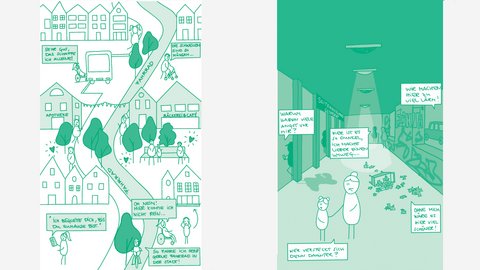 Das Bild zeigt eine Illustration eines öffentlichen Platzes mit Kita, Spielbereichen, Sitzgelegenheiten und Menschen, die sich austauschen oder an einer Abstimmung teilnehmen. Texte sprechen Mitbestimmung, Betreuung und Gleichstellung an. Zweck des Bildes ist es, Beteiligung und demokratische Prozesse in der Stadtentwicklung zu veranschaulichen und die Rolle von Mitbestimmung hervorzuheben.