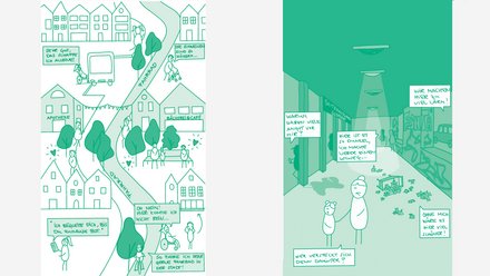 Das Bild zeigt eine Illustration eines öffentlichen Platzes mit Kita, Spielbereichen, Sitzgelegenheiten und Menschen, die sich austauschen oder an einer Abstimmung teilnehmen. Texte sprechen Mitbestimmung, Betreuung und Gleichstellung an. Zweck des Bildes ist es, Beteiligung und demokratische Prozesse in der Stadtentwicklung zu veranschaulichen und die Rolle von Mitbestimmung hervorzuheben.