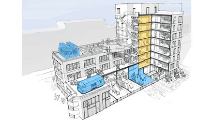 Das Bild zeigt eine architektonische Zeichnung eines Gebäudekomplexes in Schnitt- und Perspektivdarstellung. Mehrere Geschosse sind sichtbar, mit Treppen, Wohnungen, Gemeinschaftsflächen und Menschen, die sich darin aufhalten. Bestimmte Bereiche sind farblich hervorgehoben, unter anderem in Blau und Gelb, um einzelne Nutzungen oder Module zu kennzeichnen. Auf dem Dach und in Innenbereichen sind modulare Elemente dargestellt. Zweck des Bildes ist es, ein Konzept für flexibles, zirkuläres Bauen zu erklären und zu zeigen, wie verschiedene Nutzungen, Module und Räume innerhalb eines Gebäudes kombiniert und angepasst werden können