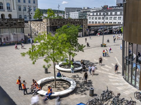 „Blick von oben auf einen belebten, modern gestalteten Stadtplatz mit zwei Bäumen in großen runden weißen Sitzbänken. Menschen gehen über den Platz oder sitzen im Schatten; mehrere Personen in orangefarbenen Warnwesten sitzen an einer Bank. Im Vordergrund stehen abgestellte Fahrräder, im Hintergrund Geschäfte, Treppen und Gebäude.“