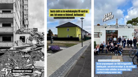 Bild 8.1 (Schwarz-Weiß Ruinen): "Schwarz-Weiß-Aufnahme einer zerstörten Gebäudefassade mit Trümmern. Text-Label: 'Fürstenberger Straße'. Text-Overlay gelb mit Aussage zum Wohnkomplex VII-Nord."  Bild 8.2 (Grünes Haus): "Ein moderner Neubau mit grün-gelber Fassade, Flachdach mit Laterne. Gepflegter Vorgarten mit Steinen und dunkler Bepflanzung. Text verweist auf heutiges Aussehen des Wohnkomplexes VII-Nord."  Bild 8.3 (Freizeitanlage Bowling): "Die Außenfassade eines Bowling-Centers namens 'Bowling Point' mit weißer Fassade. Eine Gruppe von etwa 20 Personen posiert vor dem Eingang. Text verweist auf letzte Programmveranstaltung 1980 und den Herbst des Jahres."