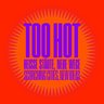 "Ausstellungsplakat mit rot-orangem Hintergrund. Großer blauer Text 'TOO HOT' mit Untertitel 'HEISSE STÄDTE, NEUE WEGE / SCORCHING CITIES, NEW IDEAS' in kleinerer Schrift. Ein stilisiertes Sonnenmotiv mit spitzigen roten und violetten Strahlen rahmt den Text ein."