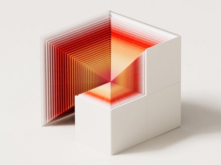 Abstrakte dreidimensionale Struktur aus mehreren parallelen, rechteckigen Schichten, die sich zu einem offenen Würfel falten