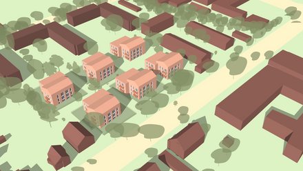 Axonometrische Darstellung eines Quartiers mit mehreren Wohngebäuden zwischen bestehender Bebauung und Grünflächen.